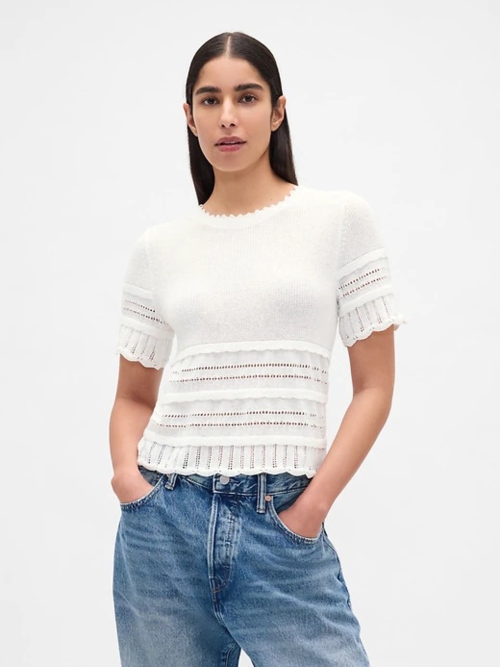 GAP NWT Linen-Blend Pointelle Sweater Crop Top in Off White size S